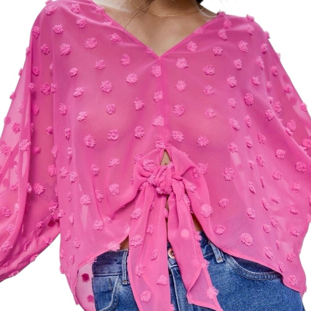 Zara NWT Pink Sheer Textured Tie Front Blouse Beachy Boardwalk Cruise Vacation - Picture 3 of 8